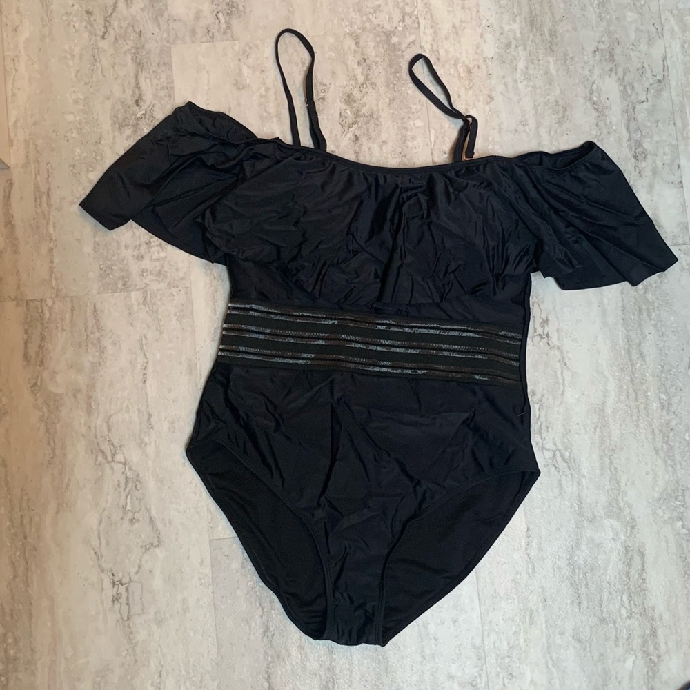 FunnyGirl Women’s Black XL Ruffle Sleeve Mesh One Piece Swimsuit